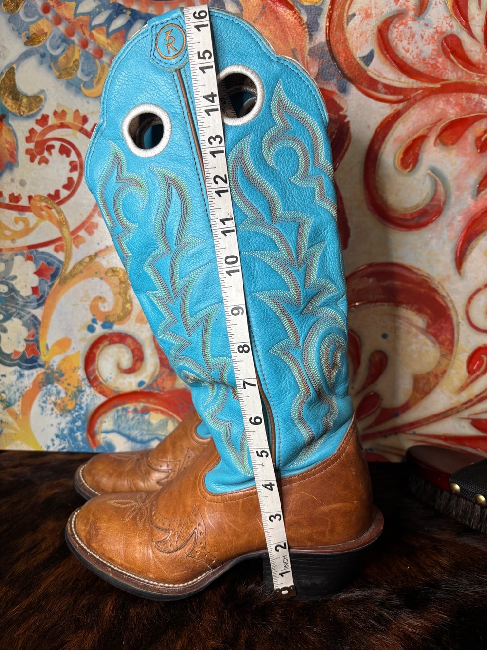 Tony Lama 3D Collection Turquoise Brown Leather Boots - Picture 4 of 9